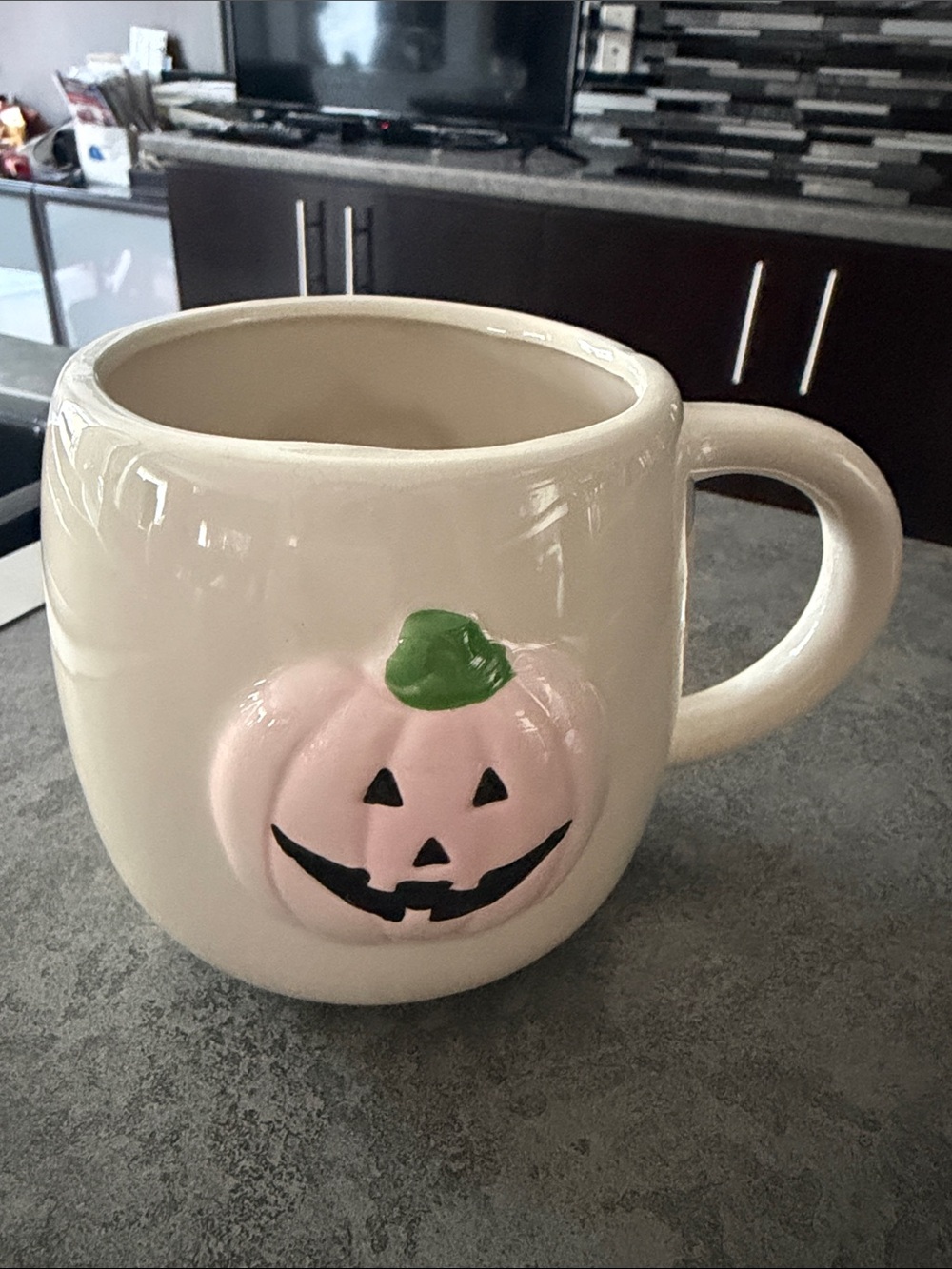 Ceramic White Pumpkin Mug with Pink Jack-O'-Lantern Detail